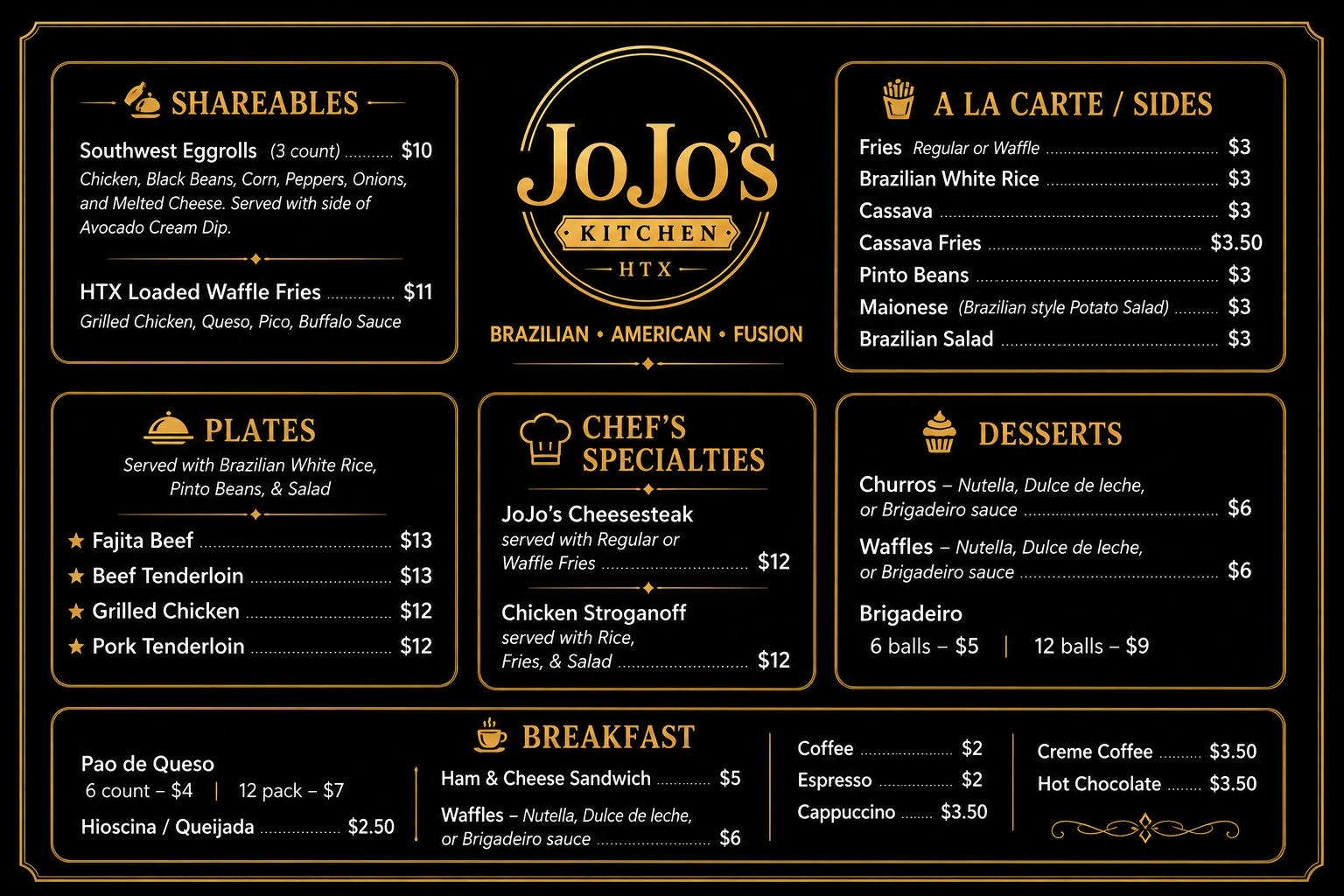 JoJo's Kitchen Brazilian American Fusion menu